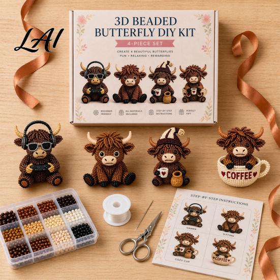 Bead Art Project 3D Beaded Highland Cow Kit for Adults Tiny Animals