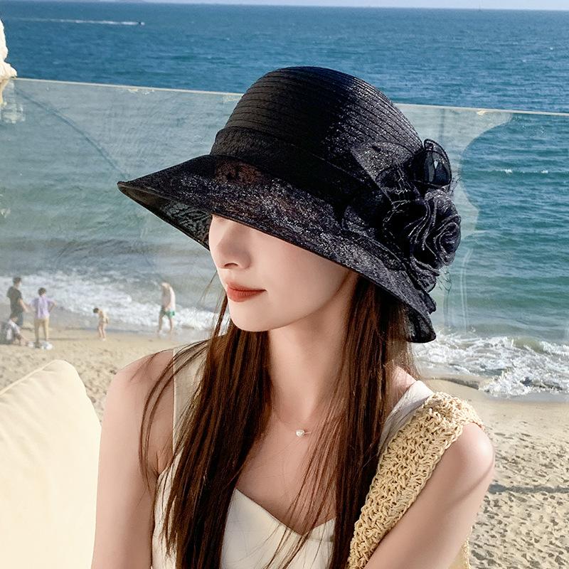 Vintage Elegant Flower Organza Sun Hats Ladies Wedding Party Floppy Church Hat For Women Summer Antiuv Travel Beach Caps