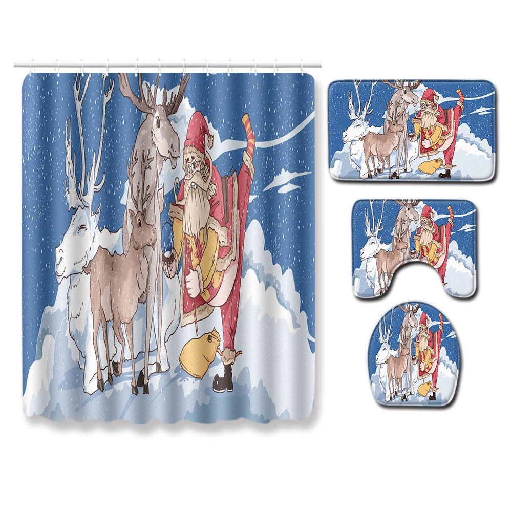 Christmas Shower Curtain Floor Mat Combination Four-Piece Set Bathroom Toilet Carpet Shower Room Mat Foot Mat