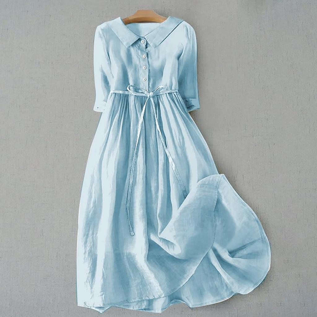 Повседневное универсальное однотонное платье из хлопка и льна