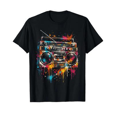 Graffiti Boombox Street Style T Shirt Vintage Washed Casual Graphic Streetwear Soft Versatile Slightly Unisex Stylish Fashion