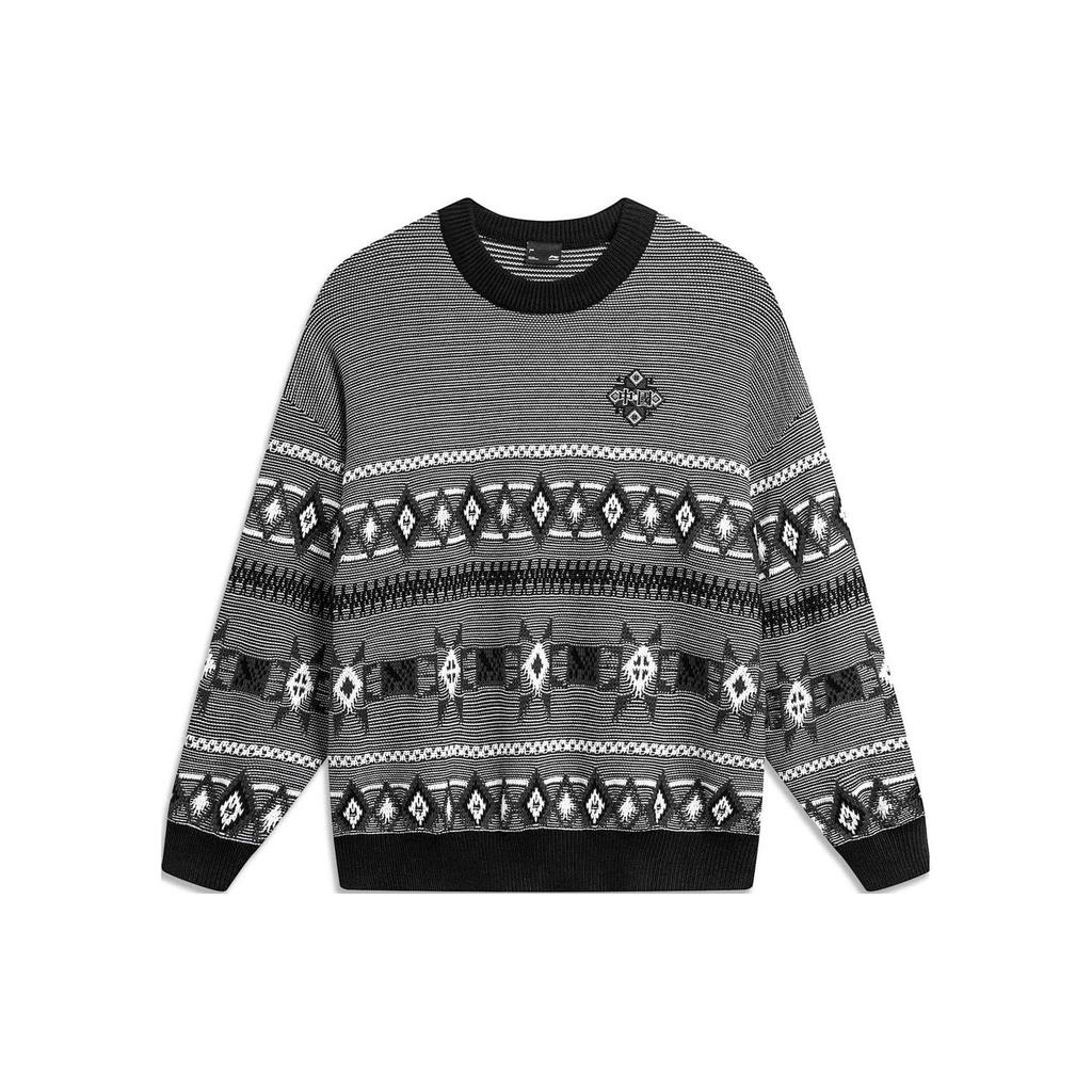 Li-Ning Мужской свитер-пуловер с круглым вырезом и цветными блоками и принтом «ромб», черный AMBT247-3