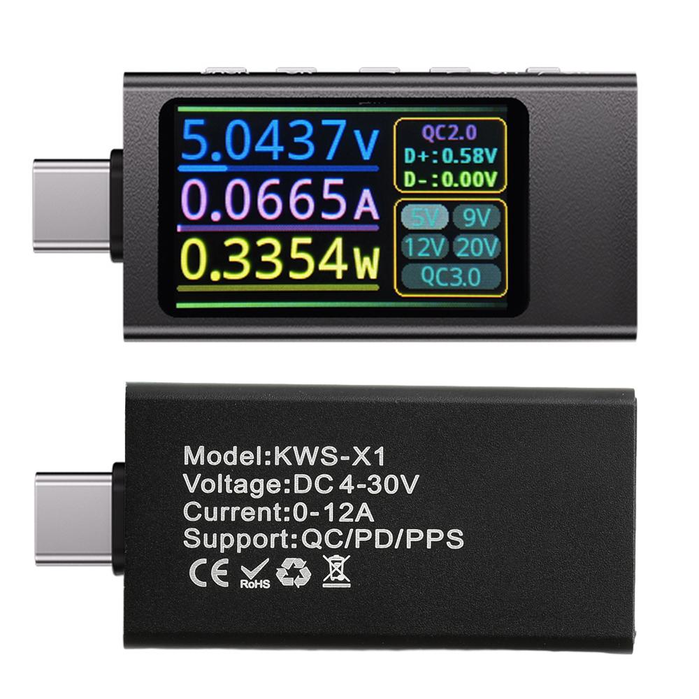 KWS-X1 Type-C Current and Voltage Monitor DC 4-30V 0-12A Power Meter Tester PD Battery Capacity Digital LCD Display Meter