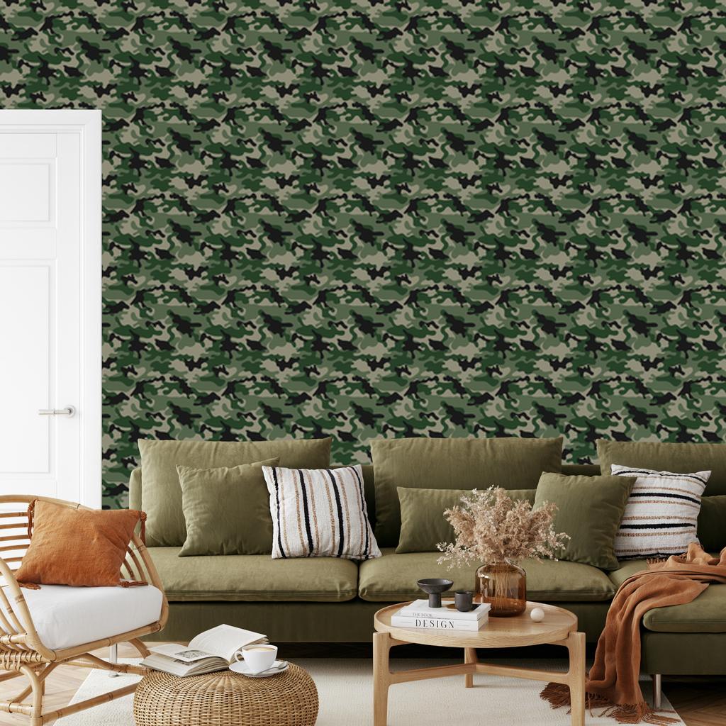 Bottle green and olive military camouflage wallpaper 50x1000