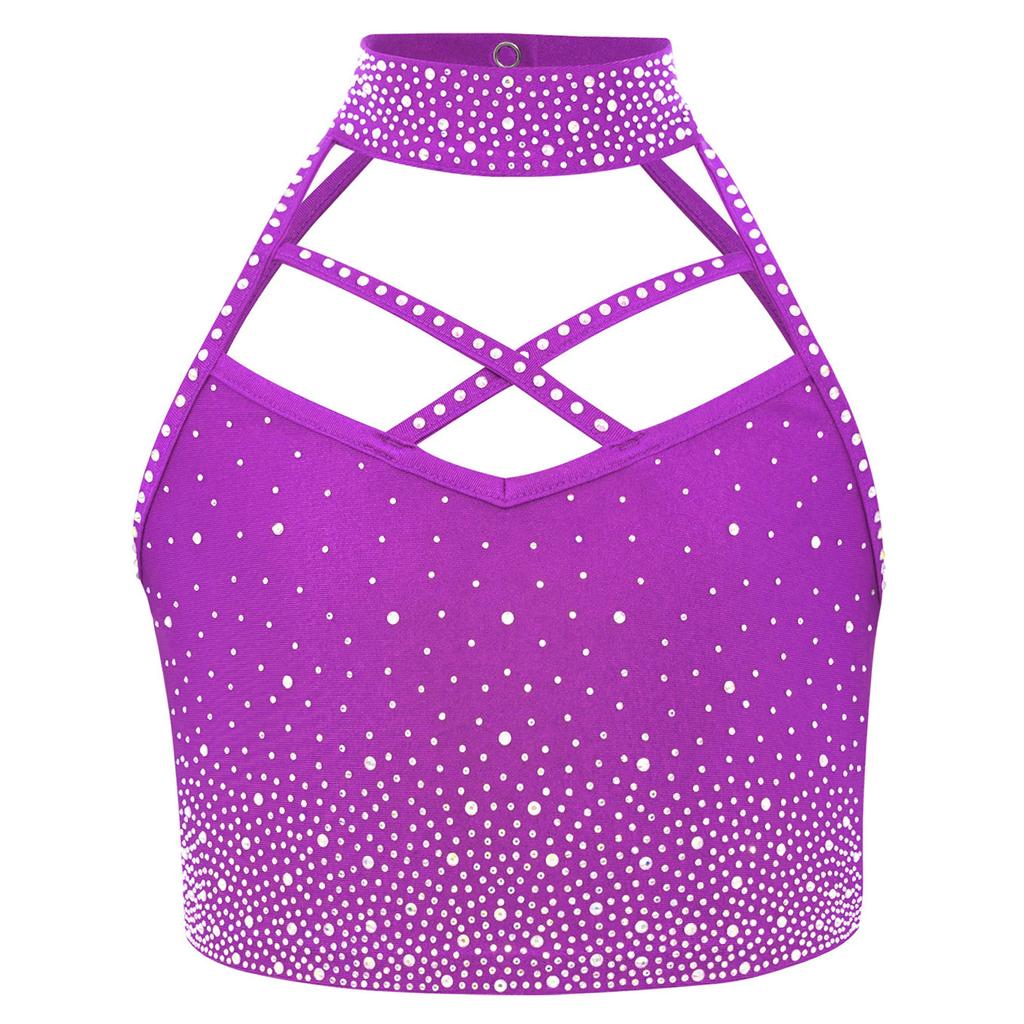 Girls Halter Crop Top Sleeveless Cross Front Backless Sparkling Rhinestones Dance Gymnastics Costume