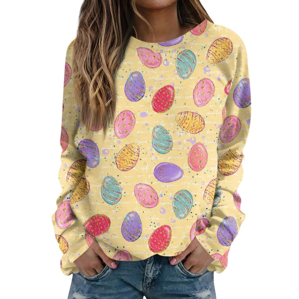 Women's Casual Fashion Easter Printing Long Sleeve O-Neck Pullover Top Blouse