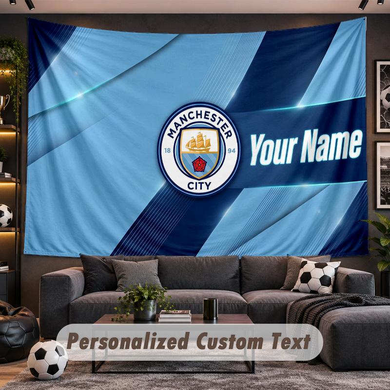 Manchester City Personalized Tapestry Support Custom Name, Wall Art Home Decoration