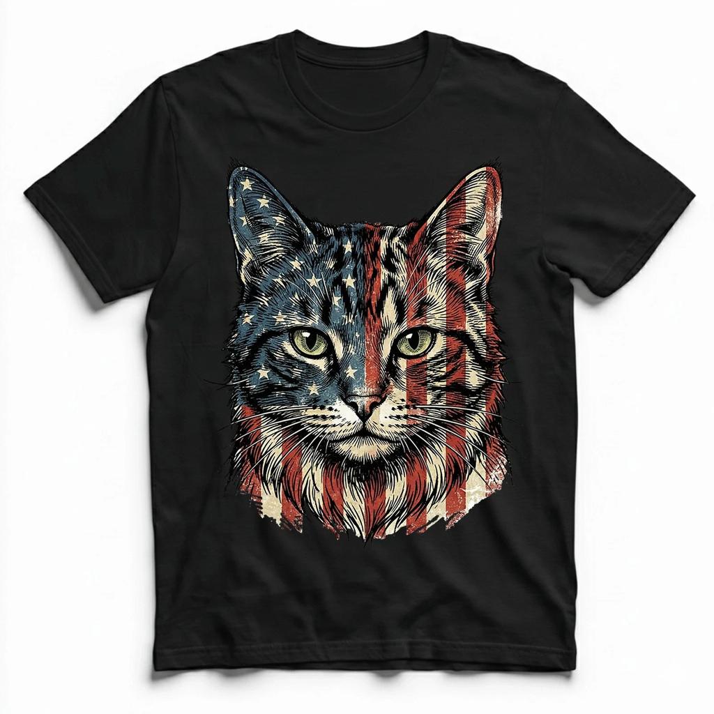 Vintage Patriotic American Cat Graphic T-Shirt USA Flag Art Tee S-5XL