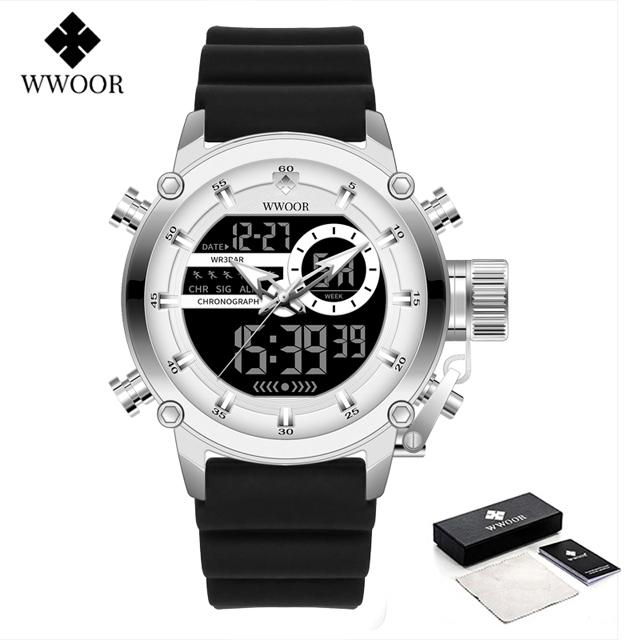 WWOOR Luxury Brand Men's Sport Watches Black Quartz Led Clock Men Waterproof Wristwatch Male Military Watch Relogio Masculino