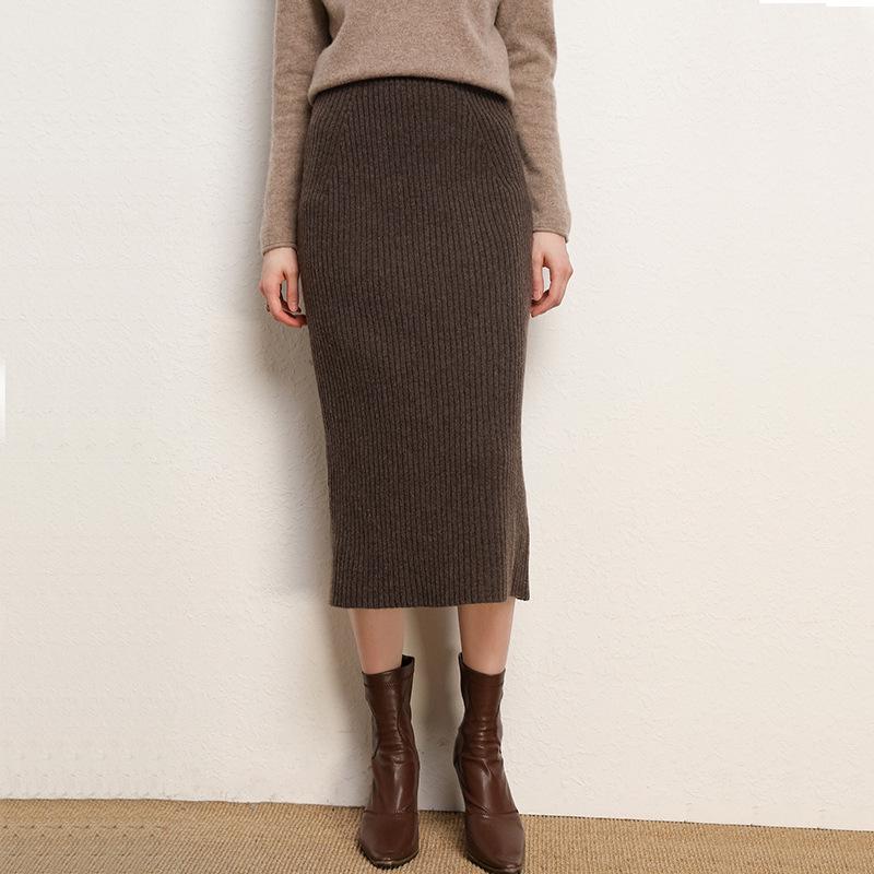 Женская шерстяная трикотажная юбка средней длины с высокой талией — большой размер, толстая резинка, зимняя модель без разреза.