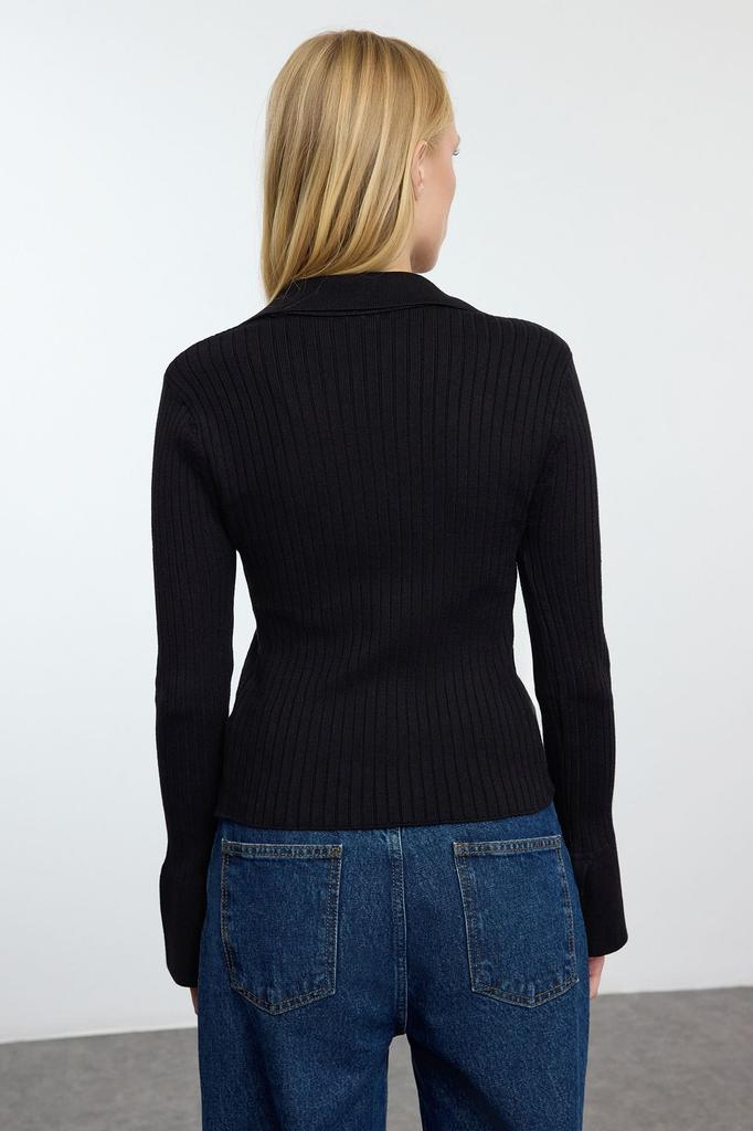 Women's Elegance Style Cardigan Black Premium Yarn Special Yarn Polo Collar Knitwear Cardigan