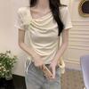 Butterfly Lace-up Slanted Neck Short-sleeved T-shirt for Women In Summer New Design Slim Waist Sweet and Spicy Short T-shirt Top