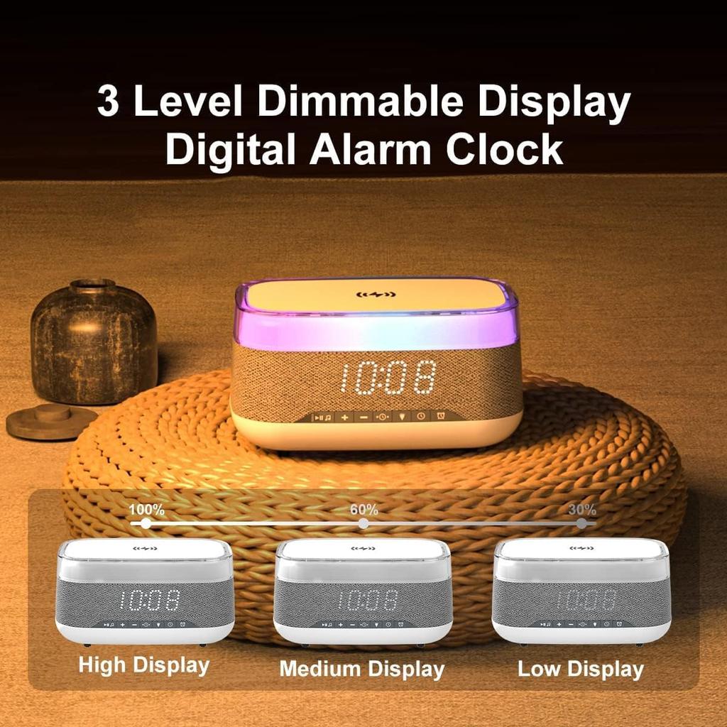 Alarm Clocks for Bedrooms Night Light Bluetooth Speaker Sound Machine Dimmable LED Display Fast Wireless Charger Station
