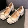 Fashion Square Heel Single Shoes Summer New Round Toe Shallow Mouth Pearl Bow One Strap Anti-Slip Wear-Resistant High Heels