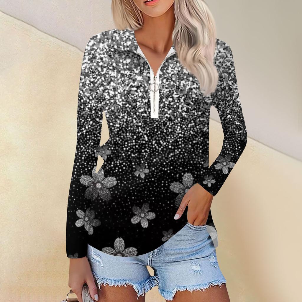 Women's Spring And Autumn Fashion Casual Printed Zipper V-Neck Long Sleeve Shirt Tops