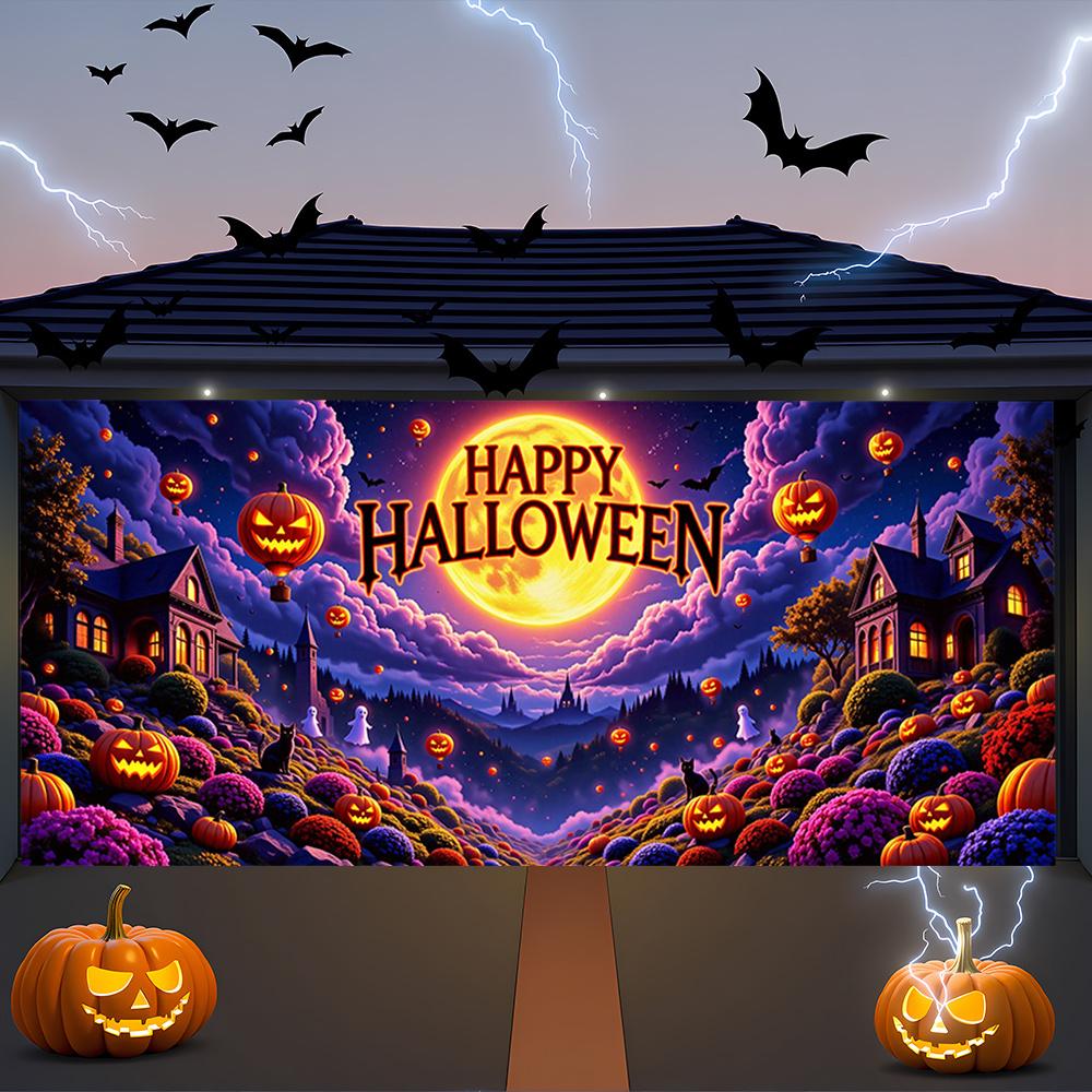 Halloween Magic Manor Garage banner, glossy polyester material, "Happy Halloween", black cat, bat, pumpkin lantern design