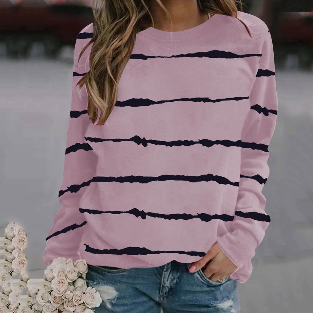 Women's Striped Printed Tops Casual Round Neck Long Sleeve Tops
