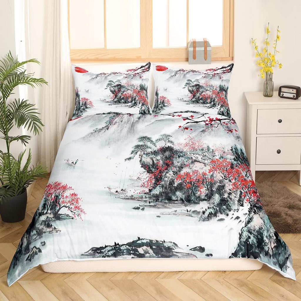 Crane Bedding Set Girl Cherry Blooming Fuji Mountain Sun Duvet Cover Kids Women Lotus Floral Comforter Cover Watercolor Decor
