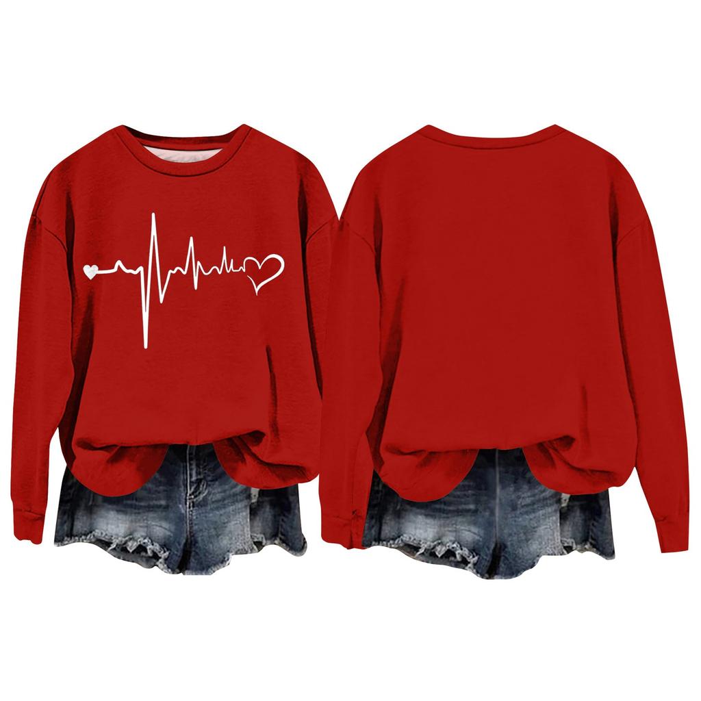 Женская мода День святого Валентина Печатный длинный рукав свободный круглый вырез толстовка Топ осень