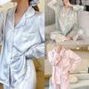 Ladies Two-Piece Ice Silk Pyjamas Female Spring and Autumn New Long-Sleeved Wave Striped Silk Advanced Sense of Homewear Suit