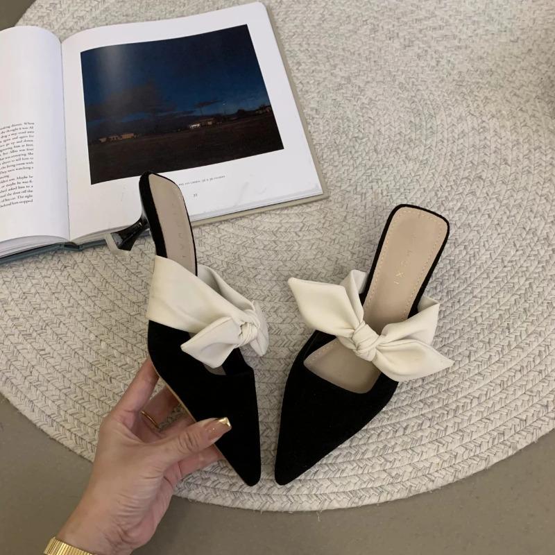 Летние женские сандалии на высоком каблуке с острым носком и бантом, модная женская обувь с цветочным принтом, женские тапочки с открытой пяткой