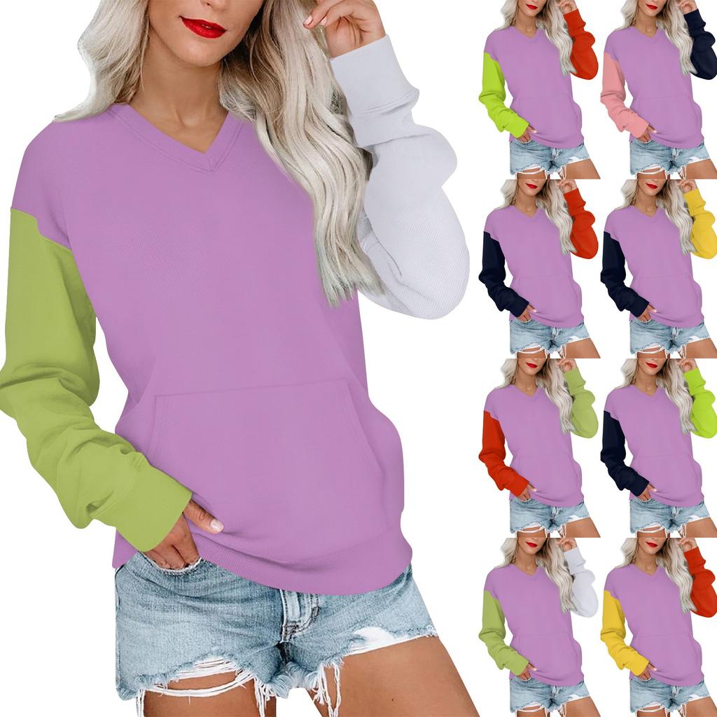 Женская повседневная модная цветная стеганая толстовка с V-образным вырезом и длинным рукавом, легкий пуловер с карманами