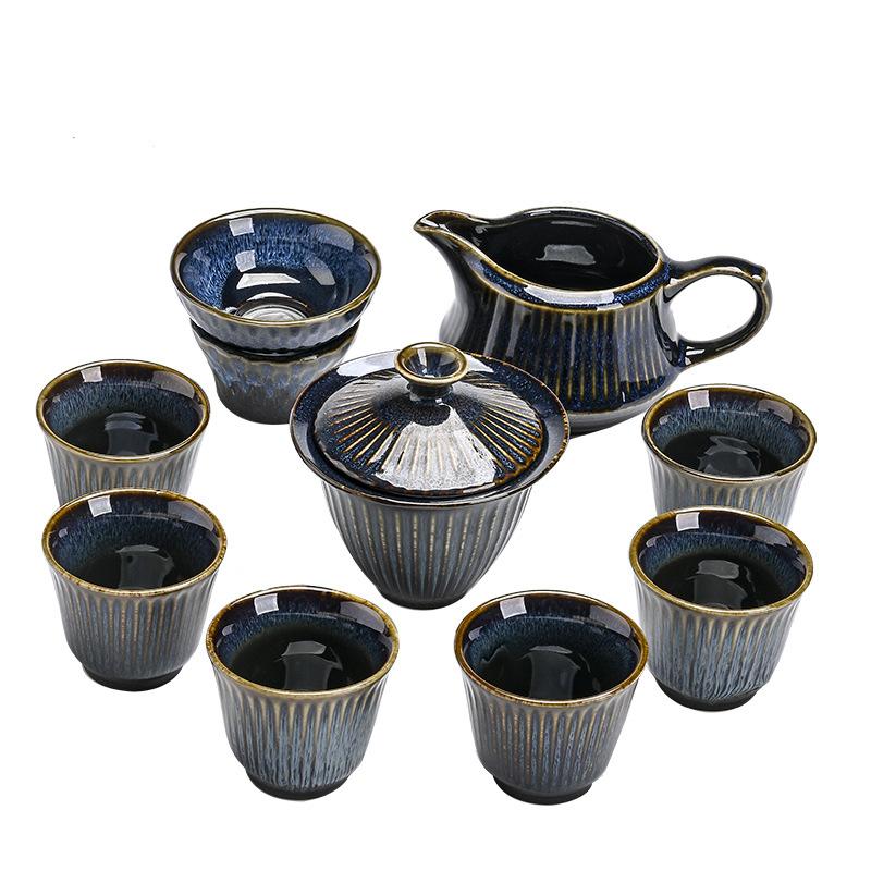 Jun kiln change gold silk ten head tea set household ceramic teapot gift box business gift kiln change glaze