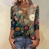 Trendy Vintage 3/4 Sleeve Top For Women,Ladies Casual Three Quarter Sleeve Round Collar Printed T-Shirt Blouse