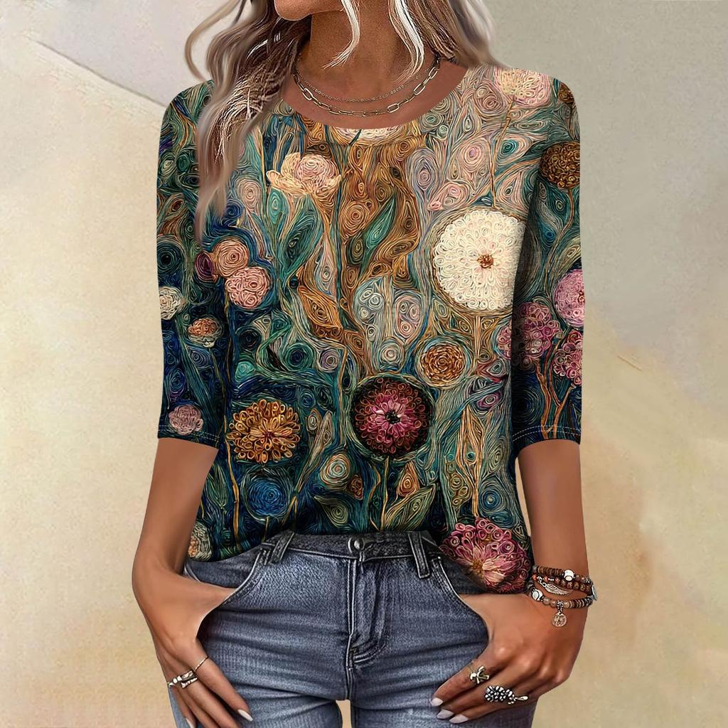 Trendy Vintage 3/4 Sleeve Top For Women,Ladies Casual Three Quarter Sleeve Round Collar Printed T-Shirt Blouse