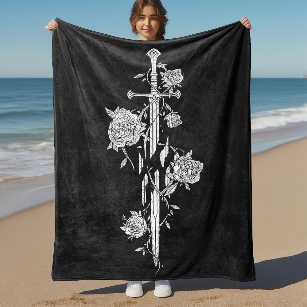 1pc Sword, Roses, Tattoo - Throw Blanket, Soft, Flannel Blankets, Living Room, All Seasons Use-1021087