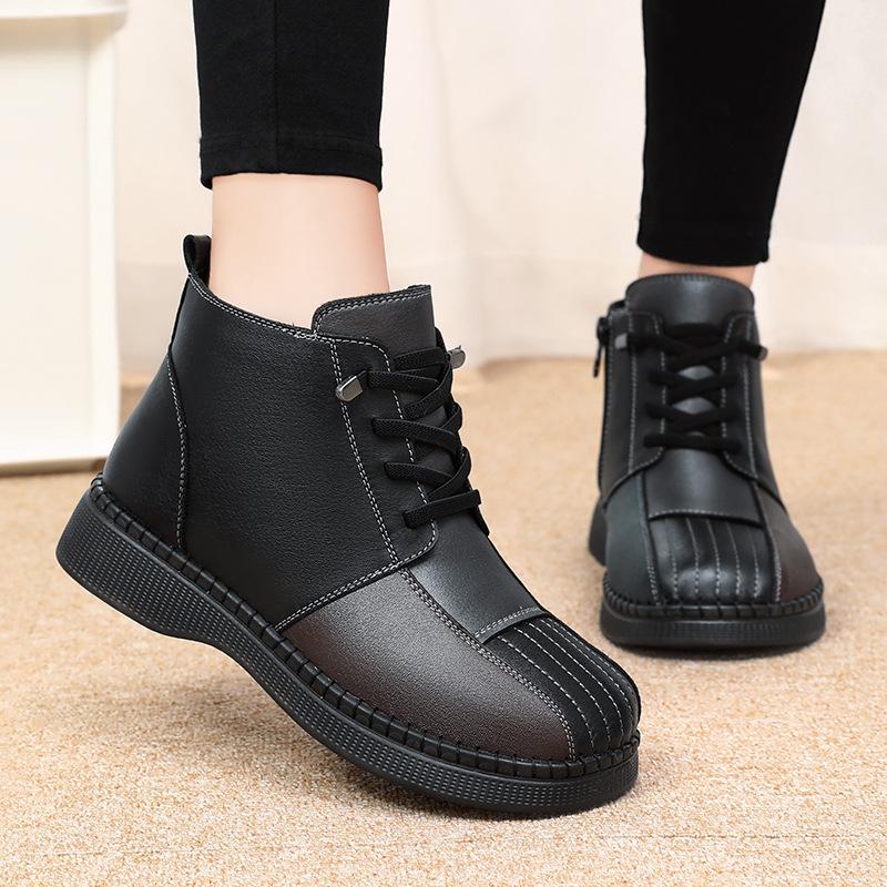 Кожаные женские осенне-зимние новые теплые короткие ботинки на флисовой подкладке на плоской подошве, женские короткие ботинки в британском стиле в стиле ретро