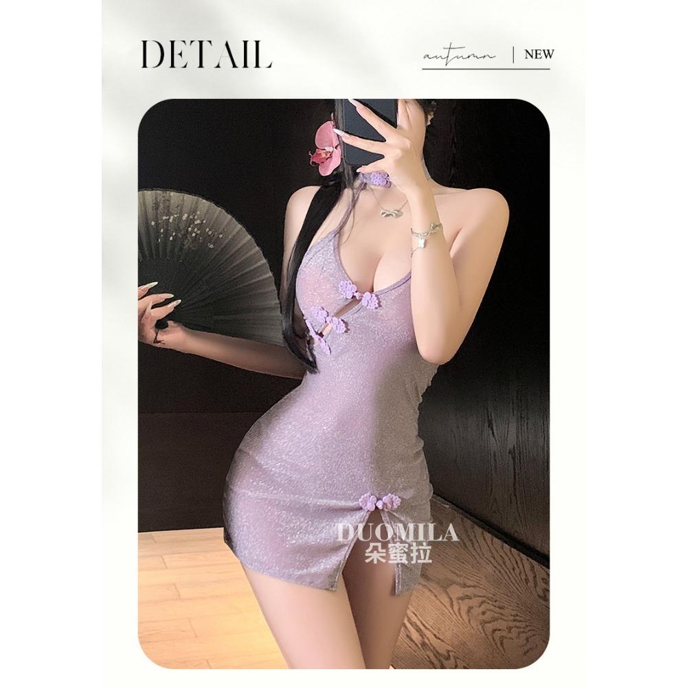 Domila's New Luxury Lady Deep V Open Chest Diagonal Cheongsam Sex Underwear Sexy Pure Desire Perspective Temptation