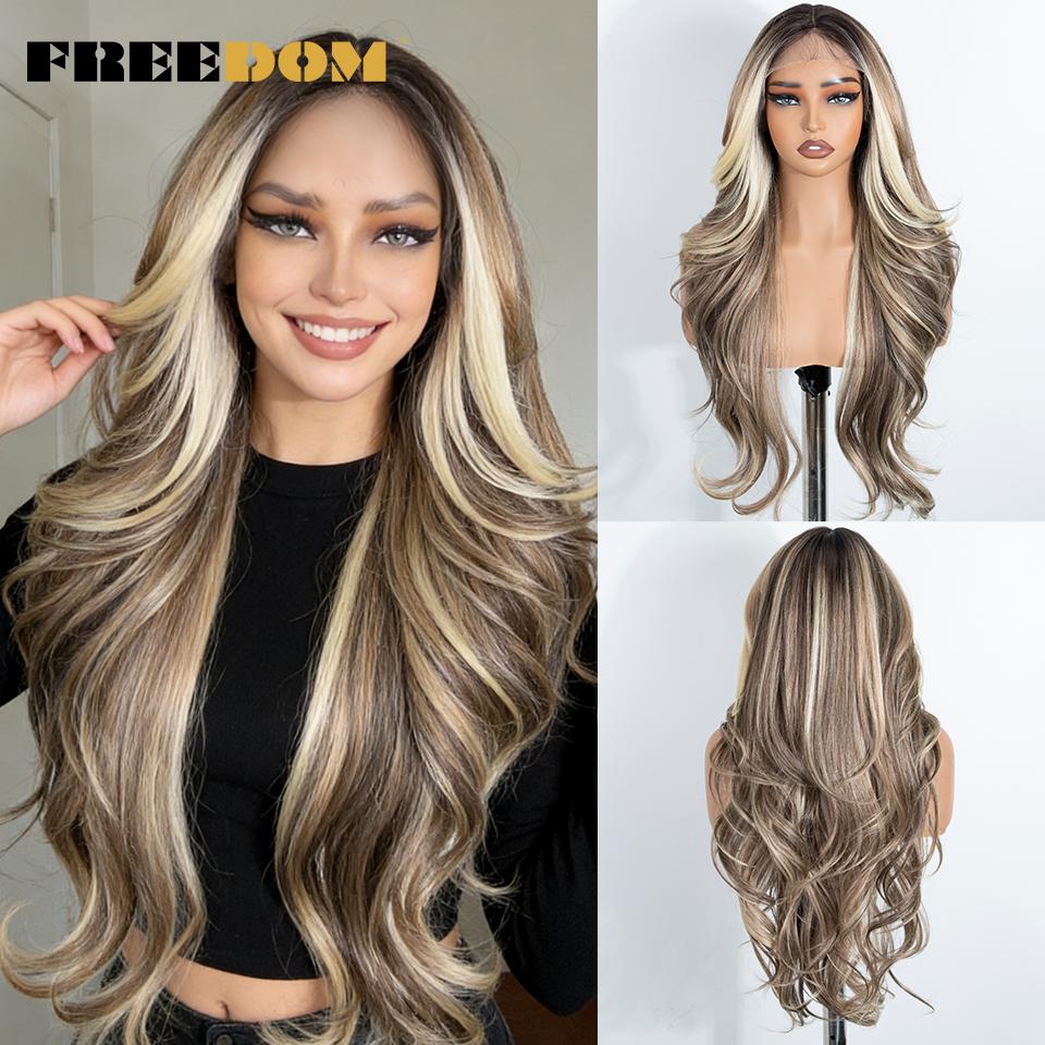 FREEDOM Synthetic Lace Front Wigs For Women 28 Inches Long Layered Wavy T Part Ombre Brown Blonde Wig With Bangs Cosplay Wigs