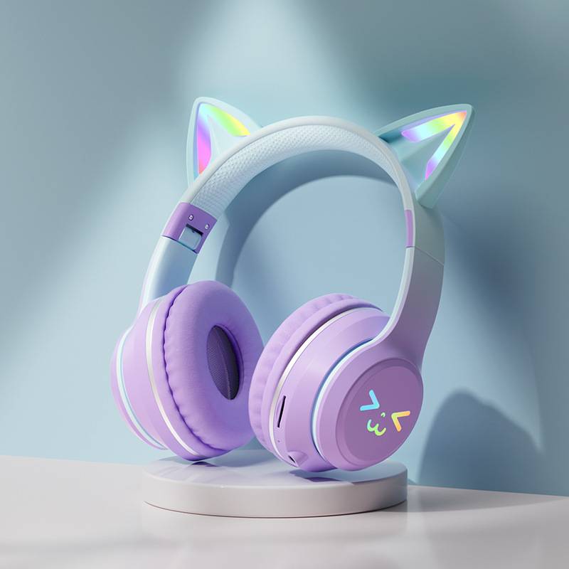 Беспроводные наушники с градиентом RGB, милые кошачьи ушки, Bluetooth наушники с микрофоном, стерео музыкальные игровые наушники, подарки для девочек и детей