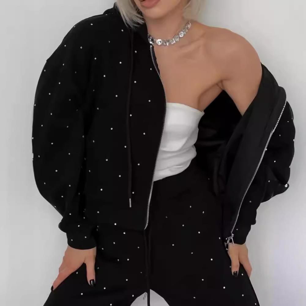 Черные спортивные костюмы женские с молнией Худи Брюки Комплект в горошек Комплекты Спортивная одежда Повседневный наряд Тренировочный костюм