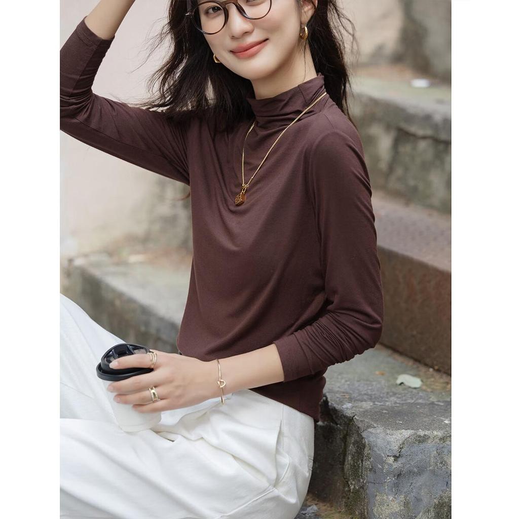 Dme Warm Ginger Fleece Autumn New Slim Fit Thin Half Turtleneck Long Sleeve Women's Base Shirt