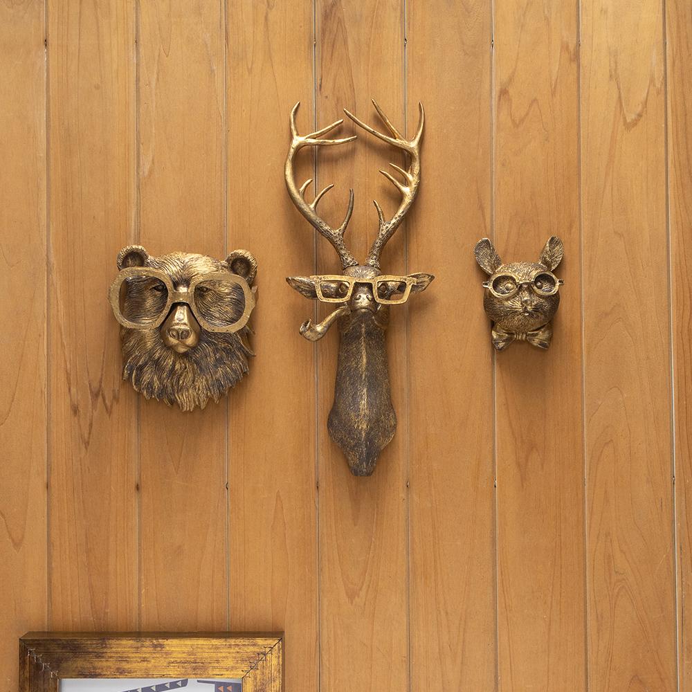 Antique Bronze Resin Animal Pendant Golden Deer Head Wall Storage Hook Up Background Wall Accessories Decorative Figurines