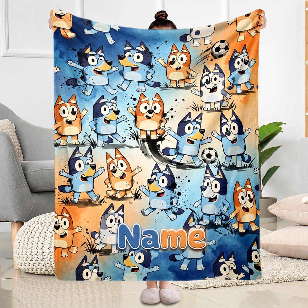Soccer Fun Bluey Customize Text Blanket Throw Personalized Blanket Soft & Cozy Versatile for Bed Office Chair Couch Seaside Four Seasons Universal