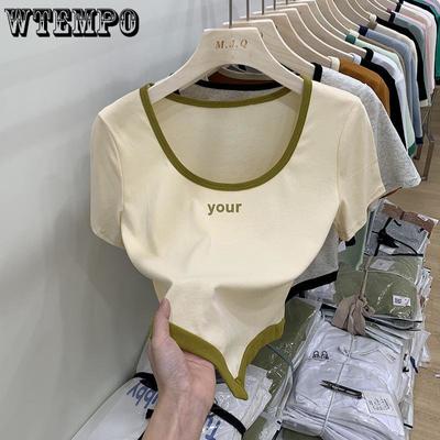 Женская сексуальная тонкая футболка с короткими рукавами и квадратным воротником большого размера, короткие топы с нишевым дизайном и неровным подолом