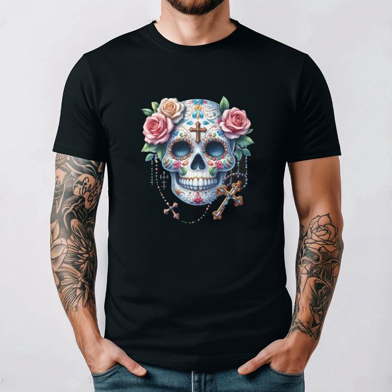 Skull Floral Print Unisex Graphic Tee for Music Lovers Streetwear Fashion Cotton Summer TShirt Short Sleeve Casual Breathable