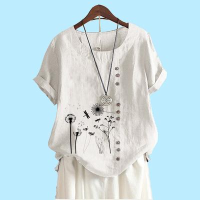 Женская мода с коротким рукавом, хлопковая льняная блузка, лето и осень, мода, цветочный принт, свободная футболка