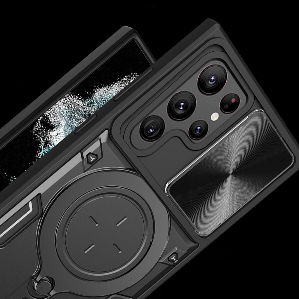 Для Samsung Galaxy S22 Ultra 5G Вращающаяся подставка Чехол для телефона Ударопрочная PC+TPU накладка со сдвижной крышкой камеры