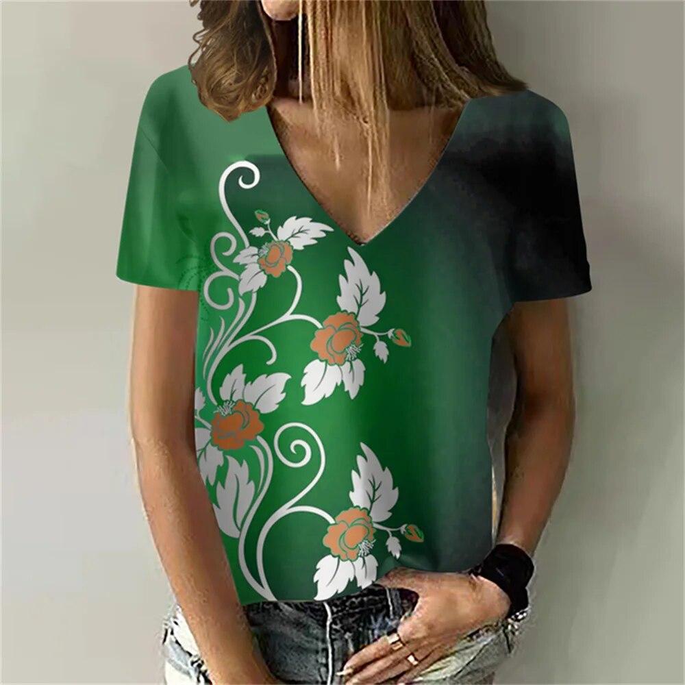 Versatile Sexy V-neck Women's T Shirt Flower 3D Print Summer Short Sleeve Fashion Street Harajuku Comfortable Ladies Tee Casual