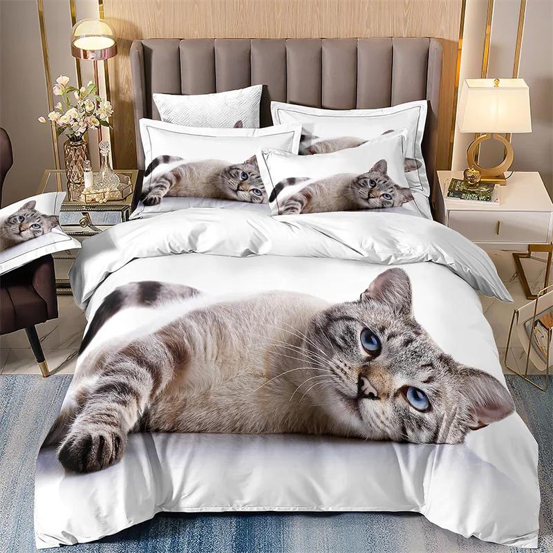 Cute Kitten Bed Cover Full Set For Girls, Single Bedding Set, Microfiber Quilt Cover With Pillowcases, Cute Little Kitten, 135x2