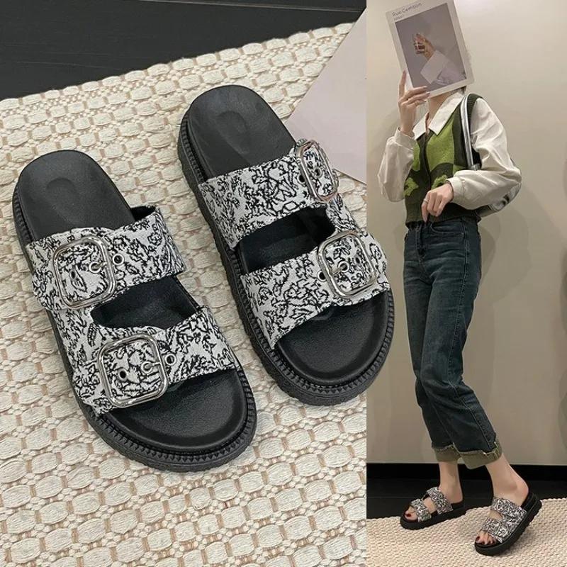 2024 Стразы Кристалл Пряжка Тапочки Женские Фирменный Дизайн Кристалл Двойные Шлепанцы Женские Платформы Слайды Сандалии Большой Размер 42