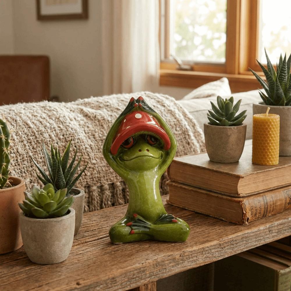 Handmade Yoga Frog Figurine Cartoon Mushroom Frog Statue Aesthetic Meditation Statue Garden Decor