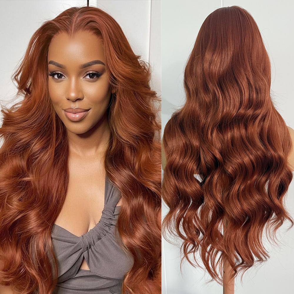 AIMEYA Copper Red Lace Wig Natural Hairline 13x4 Lace Front Wig Heat Resistant Synthetic Hair Long Body Wave Daily Wear Wigs