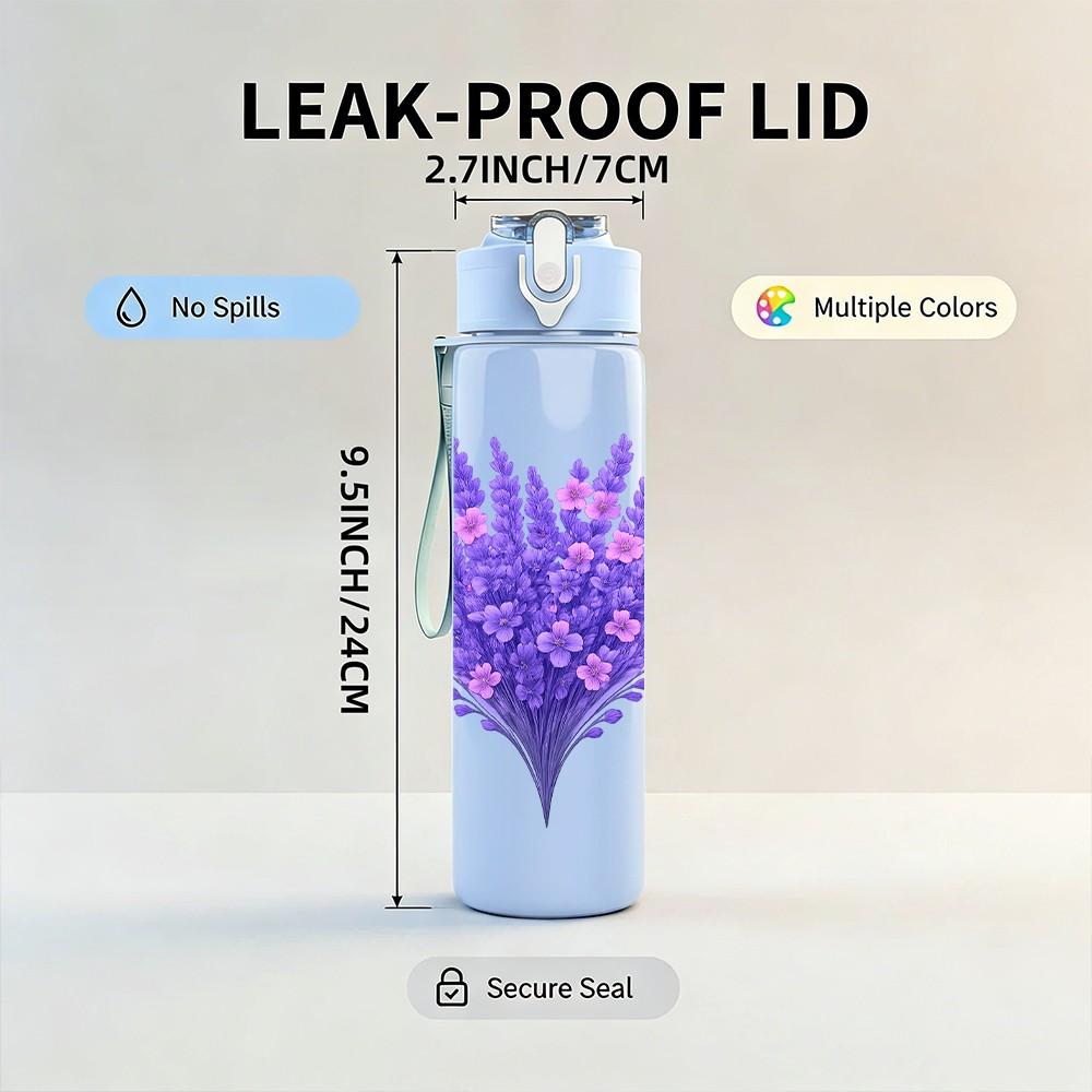 1PC Lavender Purple Flower 750ml Color Plastic Sports Water Bottle Leakproof Flip Straw Lid Suitable for Sports Office Home Use