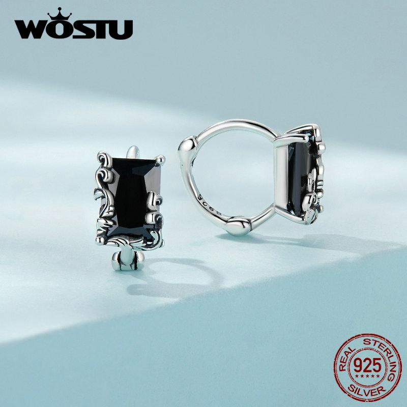 WOSTU 925 Sterling Silver Square Black Zircon Ear Buckles for Women Fine Jewelry Hoop Stud Earrings for Party