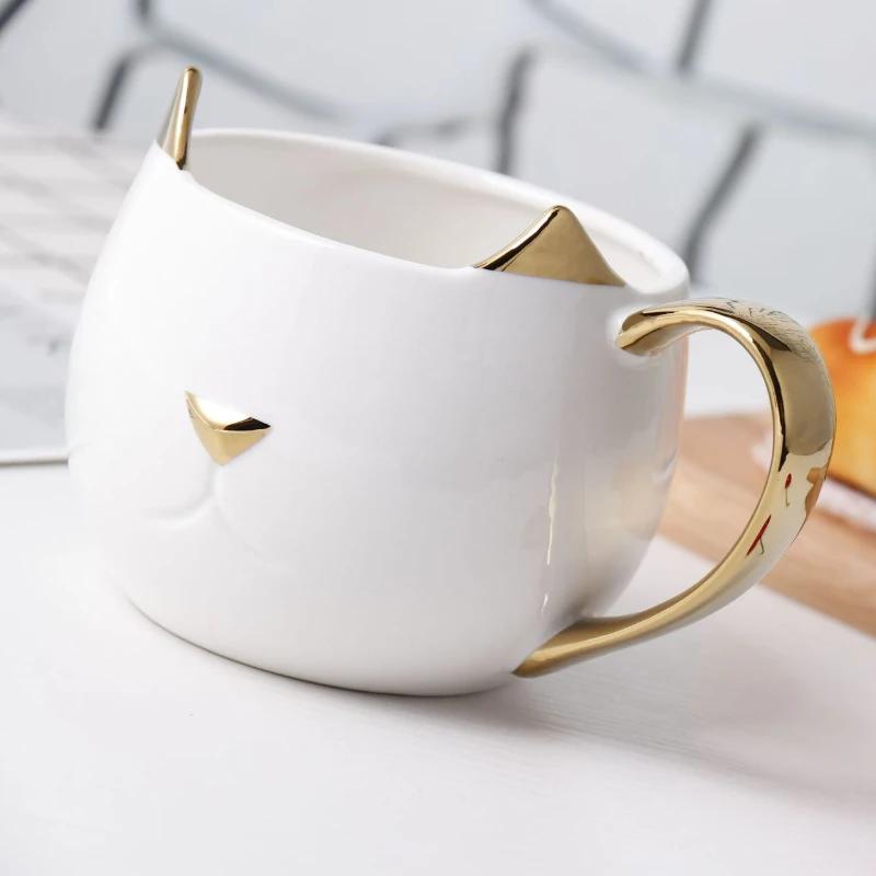 Креативная керамическая кофейная кружка с ручкой, позолоченная, с кошачьими ушками, бытовая чашка для завтрака, молока, овсянки, для детей, подарки на День святого Валентина